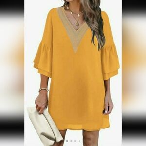 Dress Gold V-Neck Bell Sleeve Boho Dress Size XL